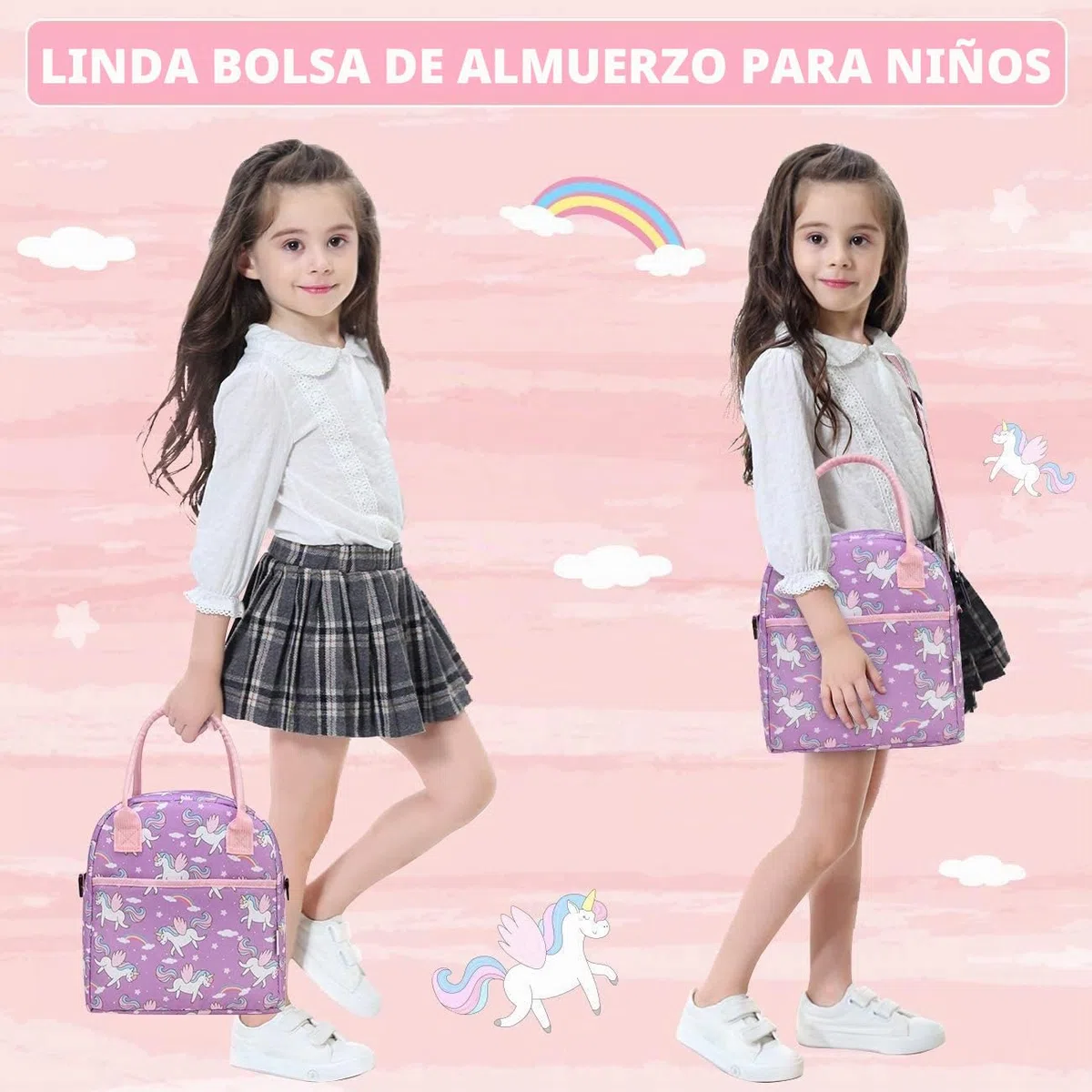 VASCHY Bolsa Almuerzo Infantil, Bolsa Termica Porta Alimentos para Niñas Bolsa Merienda Infantil Bolsa Termica Comida 8.2 Litros para la Escuela con Asa y Correa Desmontable, Unicornio