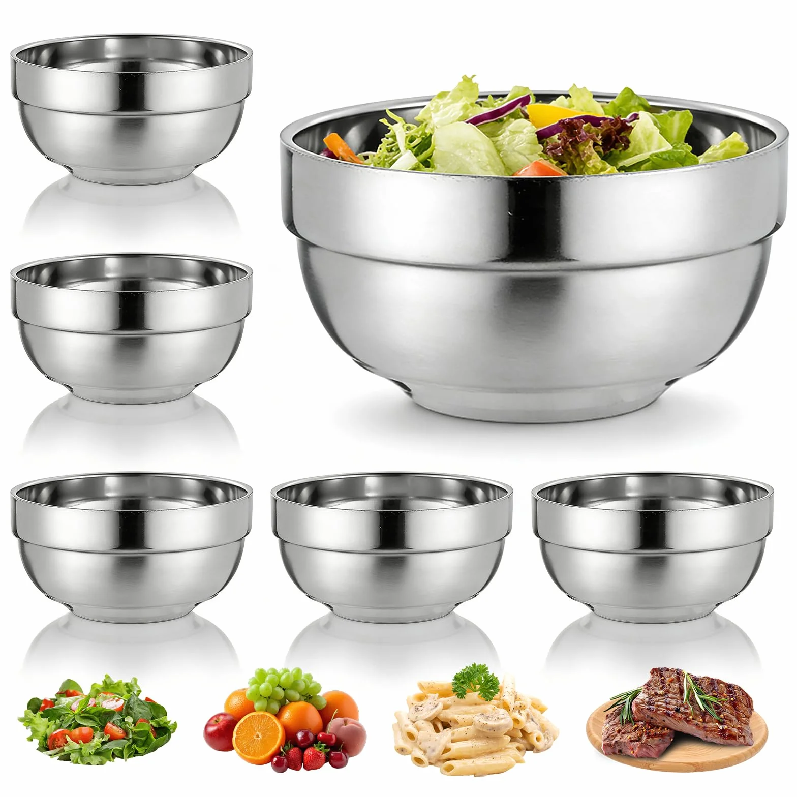 GOMETY Juego De 6 Cuencos De Acero Inoxidable De 13 Cm, Cuencos De Acero Inoxidable De Doble Pared, Ligeramente Irrompibles, Para Sopa, Arroz, Pasta, Ramen