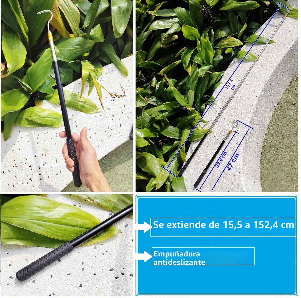 Palo Telescópico con Gancho Extensible de 48-150 cm Gancho Retráctil para Toldos, Velas y Persianas - Barra Telescópica Extensible conGancho para Escaleras de Trampilla Camping Áticos