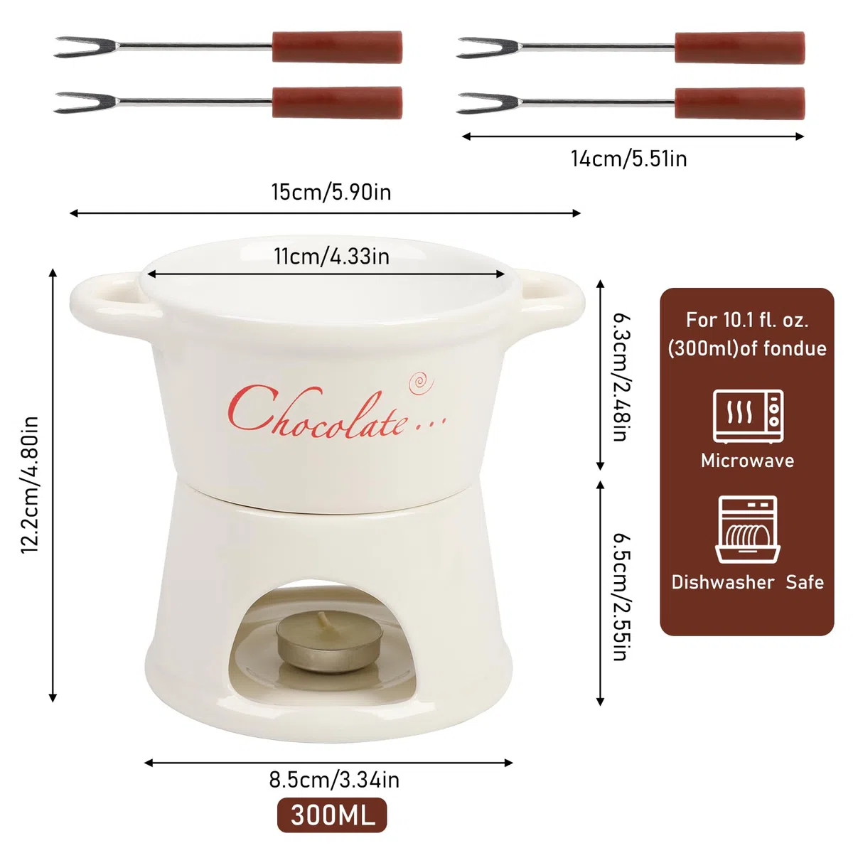 BigKing Crisol para chocolate y queso de 300 ml, juego de fondue de chocolate de cerámica con 4 tenedores y 4 velas de té, extraíble, mini taza para fondue para casa, restaurante y café