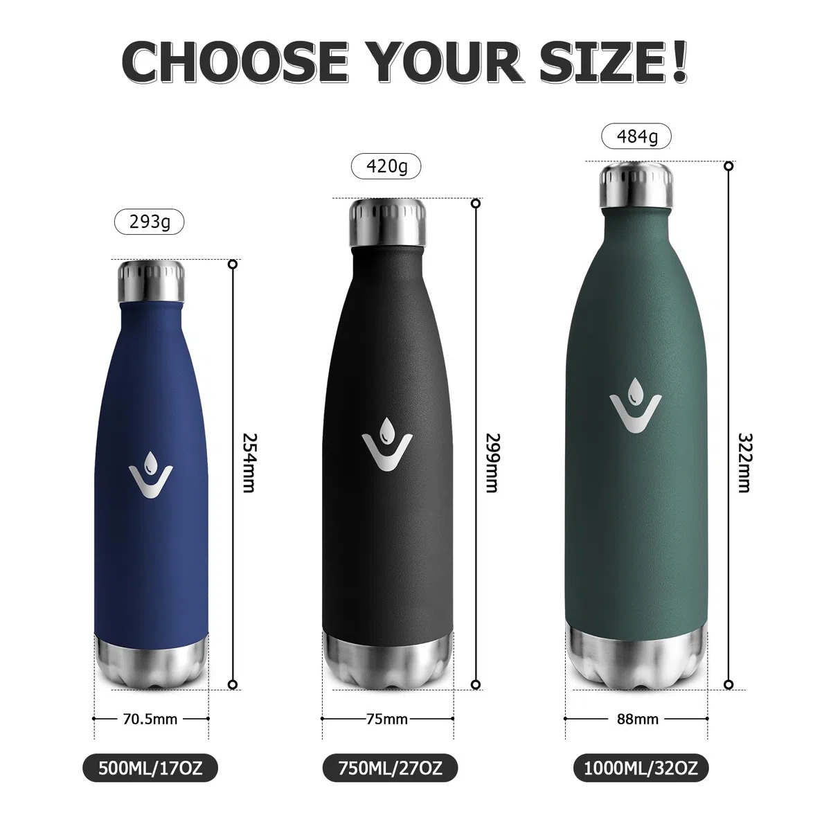 Botella Termica 750ml, Reutilizable, Botella Agua Termica a Prueba de Fugas, Termo Agua Acero Inoxidable sin BPA, Botella Doble Pared para Oficina, Escuela, Gimnasio, Senderismo, Adultos, Aire Libre