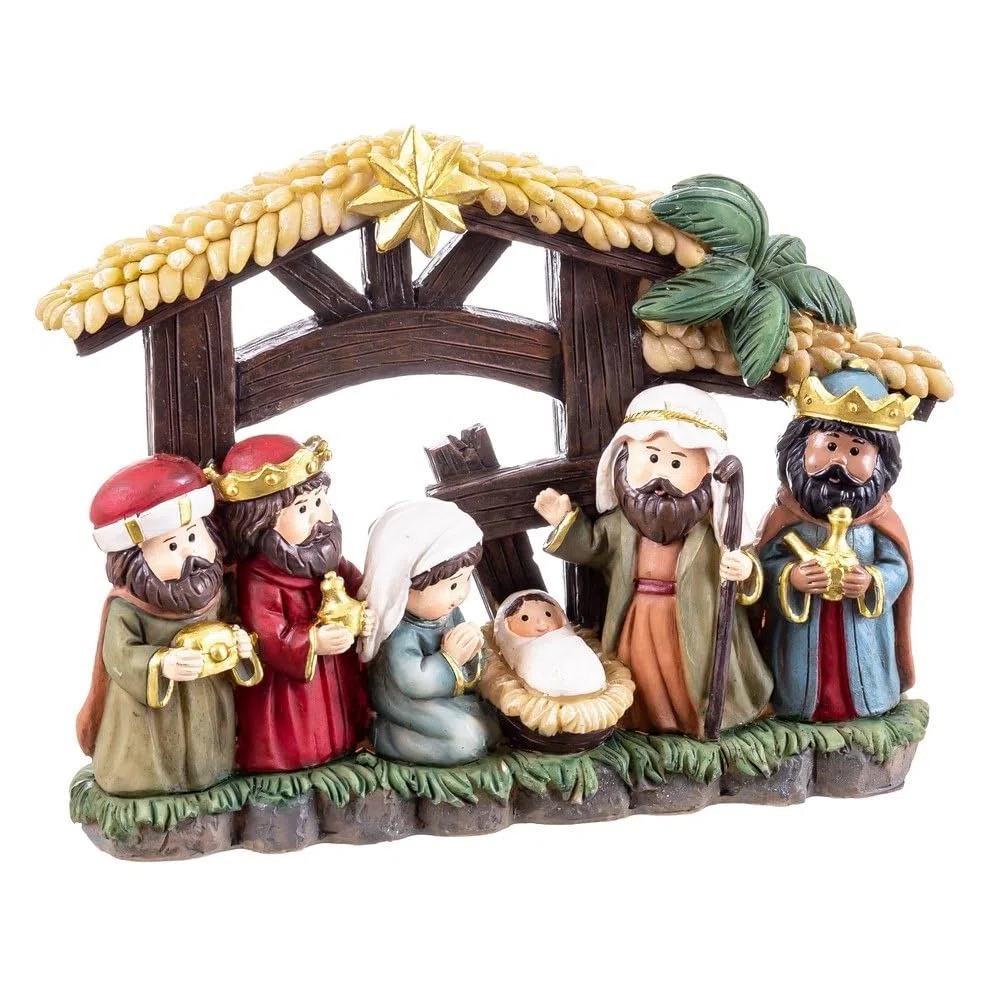 LOLAhome Belén de Navidad con Portal de 6 Figuras Multicolor de Resina de 21x16 cm