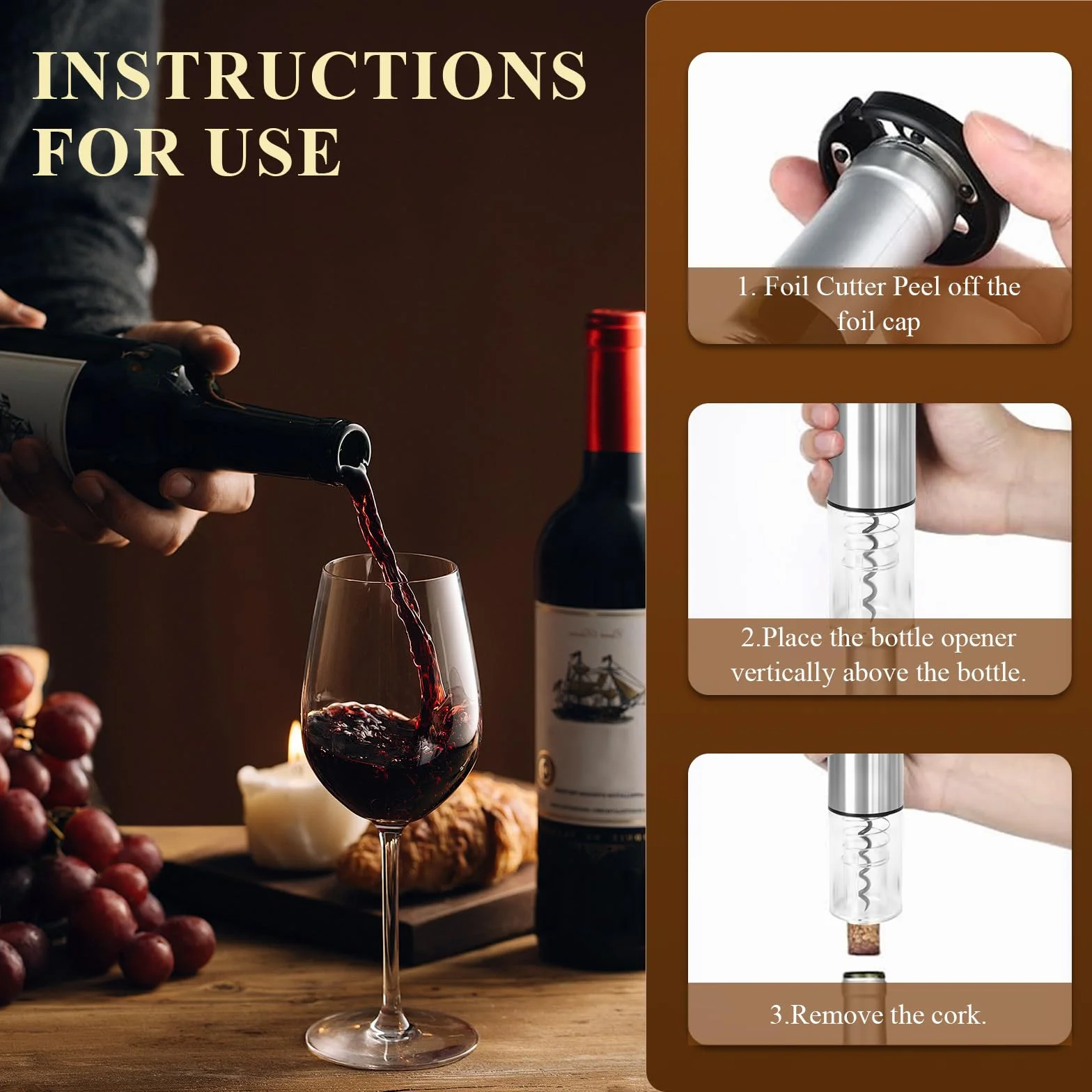 Abrebotellas de vino eléctrico, sacacorchos automático eléctrico recargable con cortador de papel de aluminio y cable de carga USB para Hogar,Bar y como Regalo,Plata