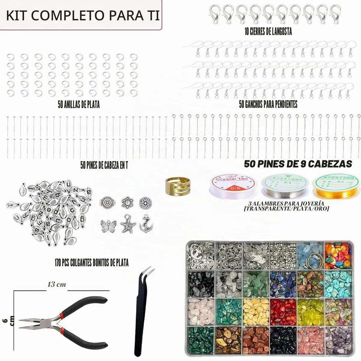Juego de 24 colores para hacer joyas, 1073 cuentas de piedras preciosas naturales con agujero, cuentas de piedra de 5 a 7 mm para manualidades, joyas, pulseras, collares y pendientes, juego de cuentas