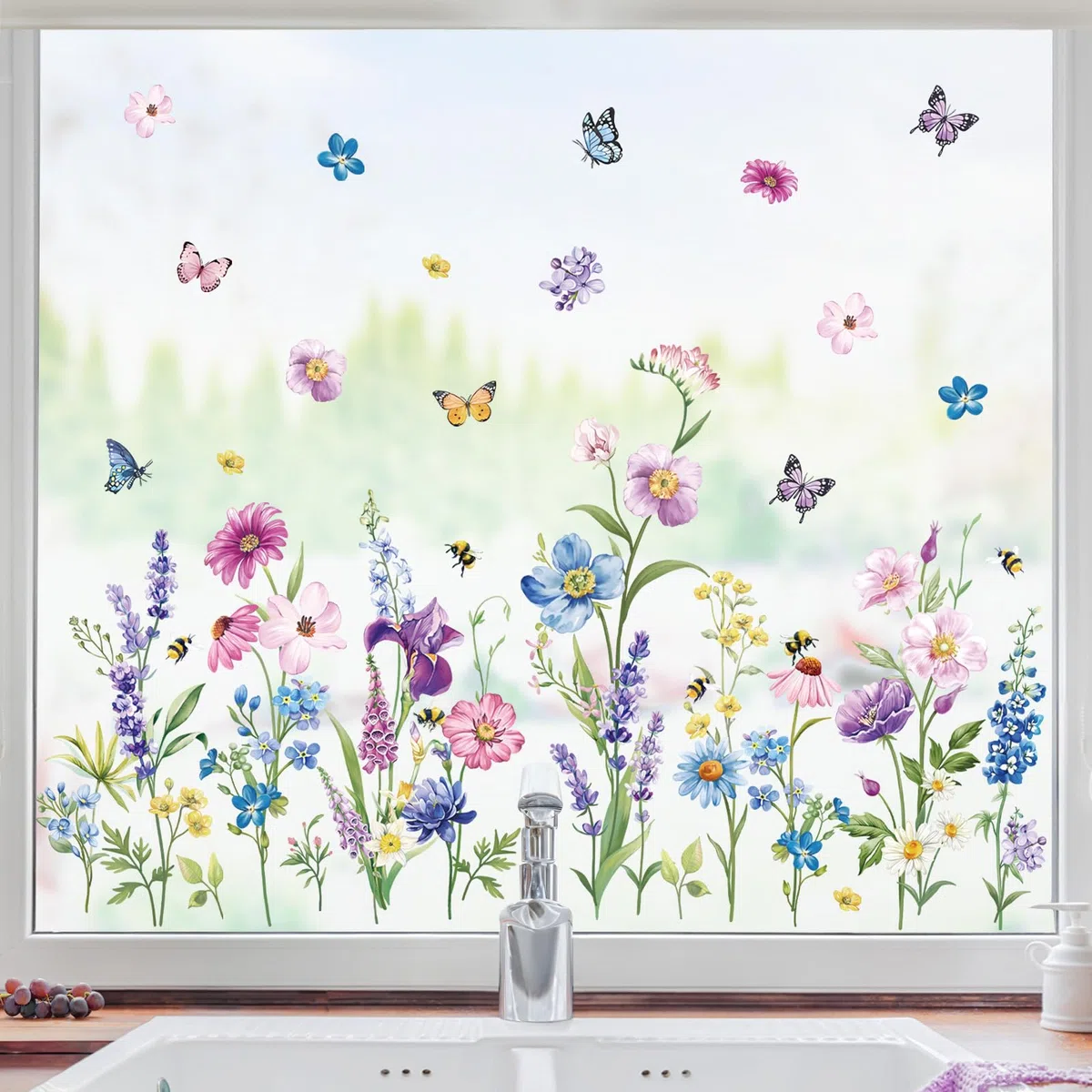 decalmile Pegatinas de Ventana Jardín de Flores Vinilos para Ventanas Flor Morado y Mariposas Anticolisión Vinilo No Adhesivo de Pegatinas Vidrio Ventana