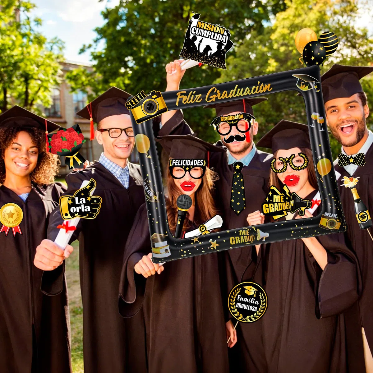 HOWAF Accesorios Photocall Graduación, Photocall Feliz Graduación Marco de Fotos Inflable Gafas para Decoracion Graduacion 2026, Oro Blanco, Set A