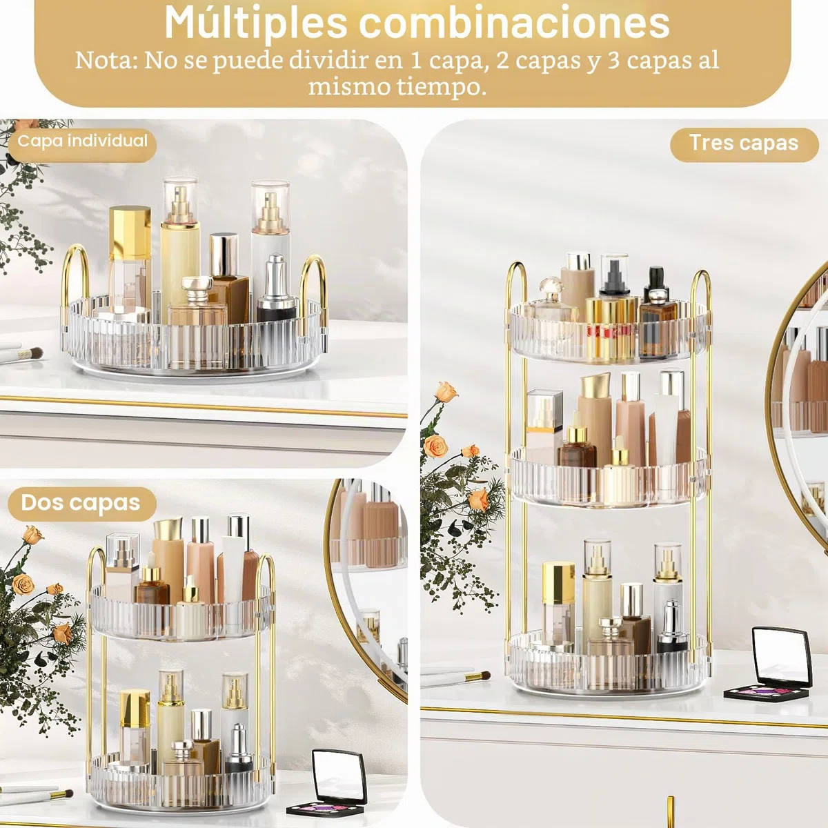 MOKANI Organizador de maquillaje giratorio de 360 grados para tocador, organizador de perfume ajustable de 3 niveles para tocador, almacenamiento multifunción para el cuidado de la piel para