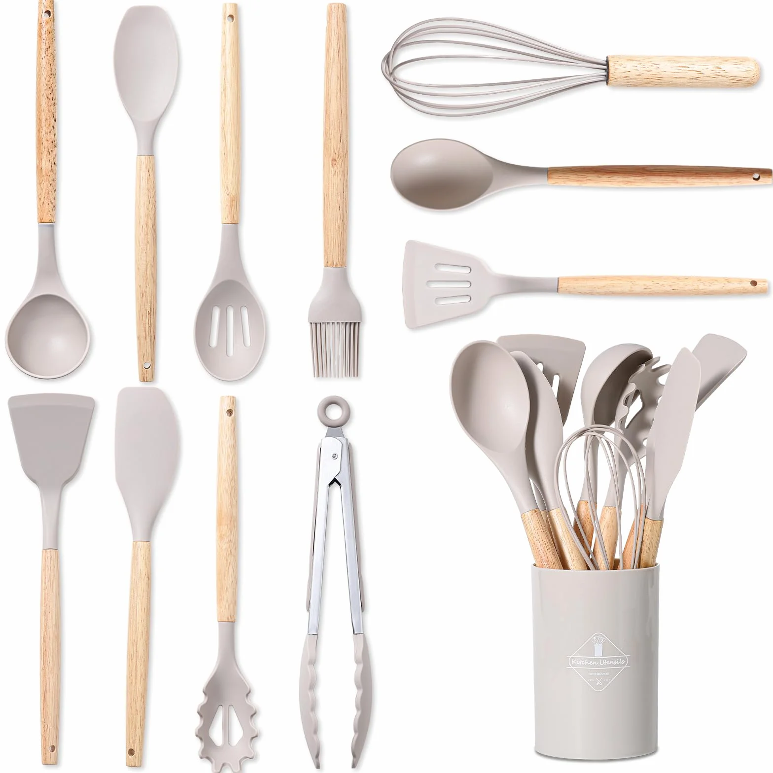 12 Piezas Juego de Utensilios de Cocina de Silicona, Fabricado en Silicona y Mangos de Madera, Resistente al Calor Antiadherente, Utensilios Cocina Apto para Todas Las Ollas y Sartenes
