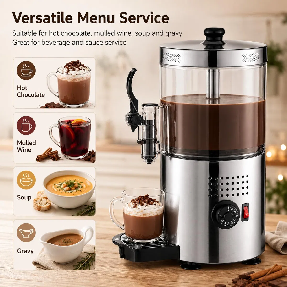 Dispensador Comercial de Chocolate Caliente, Duales Termostatos, Paletas