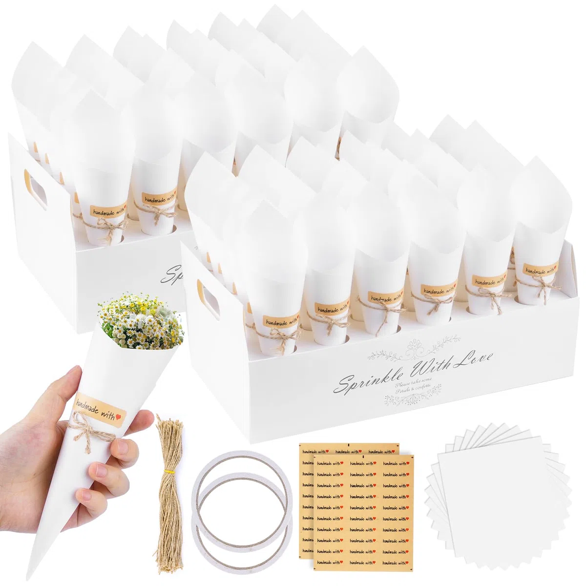 60 Piezas Conos Arroz Boda, Cono Papel Kraft Boda con 2 Caja Soporte Cucuruchos de Papel para Bodas, Conos de Confeti para Decoración Fiesta Ceremonia, Blanco