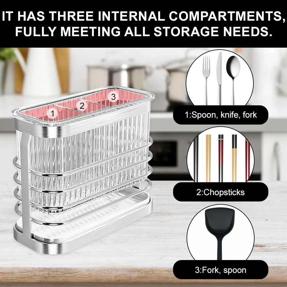 Escurridor Cubiertos, Soporte Utensilios Cocina, Cesta para Cubiertos de Acero Inoxidable, 3 Compartimentos, Sin Necesidad de Taladrar, de Pared, Extraíble, con Bandeja Recogegotas, Plata