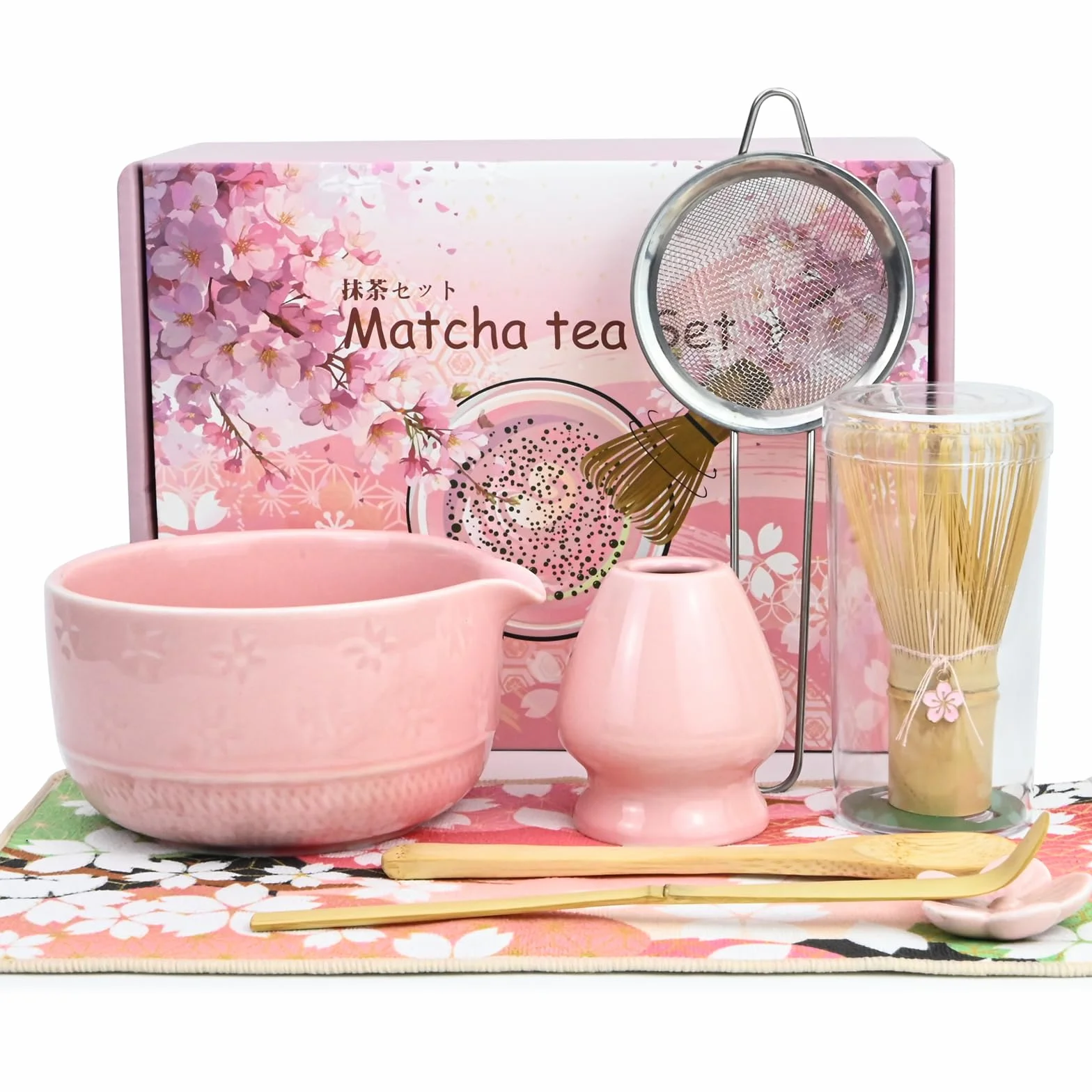 Matcha Kit - 8 piezas Te Matcha Kit Batidora de Matcha de Bambú, Cuenco de Matcha, Cuchara, Colador, Portacucharas, Soporte para la Batidora, para el Hogar, la Oficina y los Salones（Rosa）