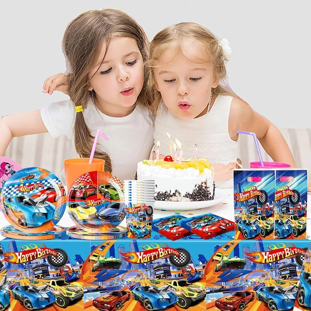 Vajilla Cumpleaños Coche de Carrera, Decoración de Coche de Carreras, Autos Vajilla Infantil Incluir Mantel, Platos de 7'', Platos de 9'', Vasos, Vasos, Servilletas - 10 Personas