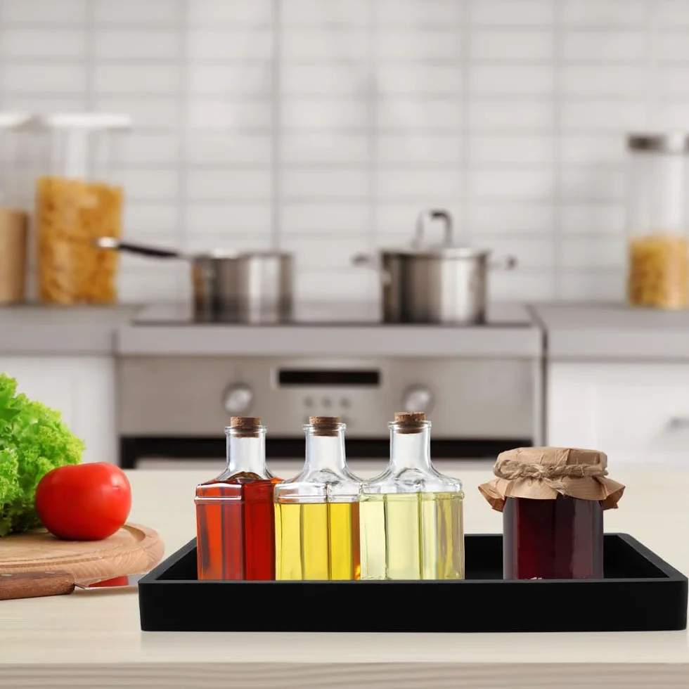 2 Pcs Bandejas de Baño, Bandeja Rectangular Negra,Bandeja Baño, Bandeja Almacenamiento Baño para Tocador,Fregadero de Cocina Y Bandeja de Silicona para Baño