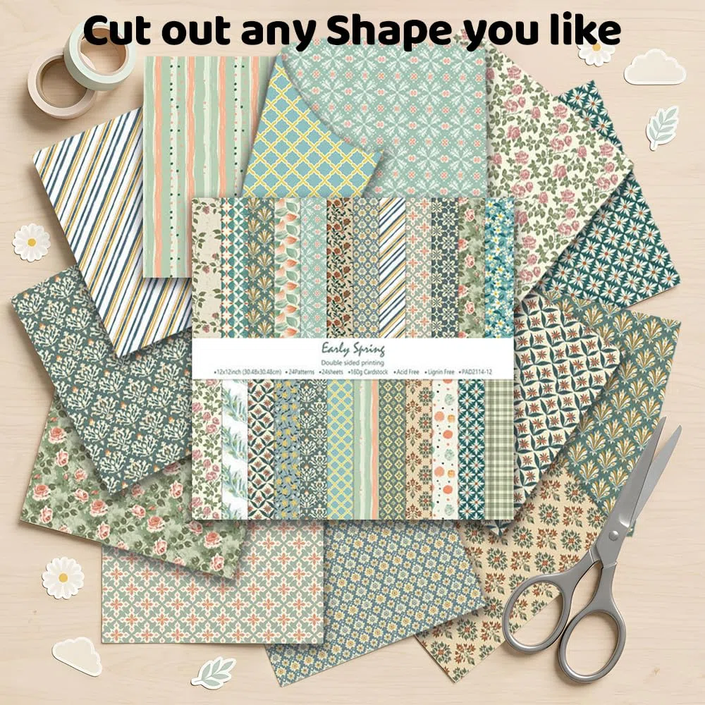 Papel Scrapbooking, 24 Scrapbook Paper, Papel para Álbumes de Recortes, Papels Decorativo, Material Scrapbooking, Motivos Florales y Botánicos for Hobbies Crafts Gifting (30.5 x 30.5 cm)