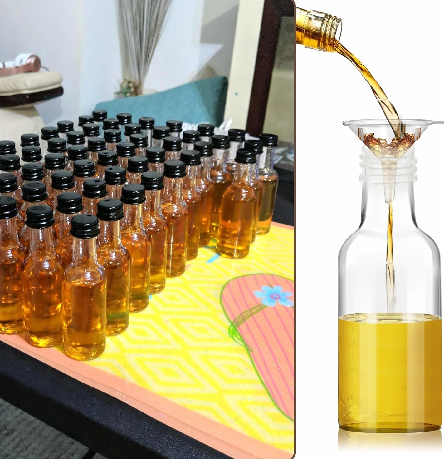 Mini Botellas Licor 50 ML con Tapón Rosca Negro 2 Embudos 24 Piezas