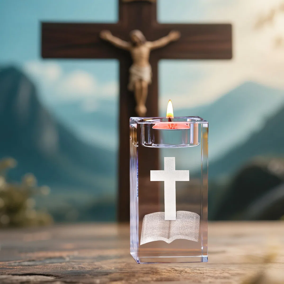 Portavelas Cristal con Cruz 3D y Grabado Biblia Transparente Portavelas Católico para Bodas Iglesias Oraciones Decoración de Mesa Meditación 5 x 5 x 8 cm