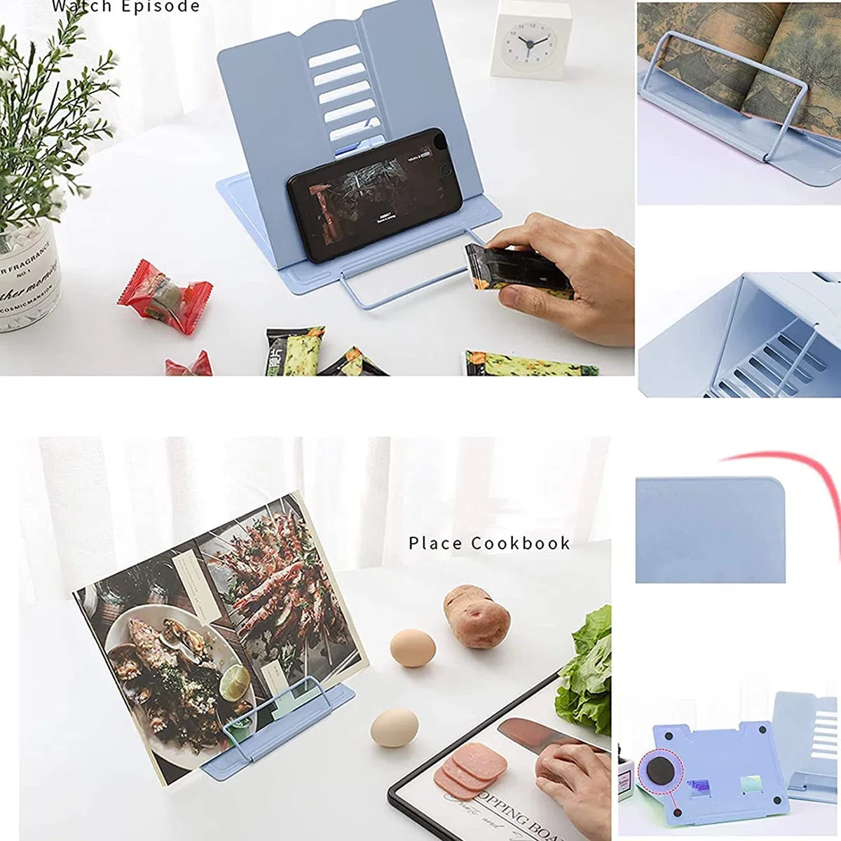 2 Piezas Atril para Libros Metal, Soporte de Lectura Soporte para Lectura de Libros de Cocina con 6 ángulos Ajustables para Librospara Recetas Libros de Texto Documentos (Rosa+Azul)