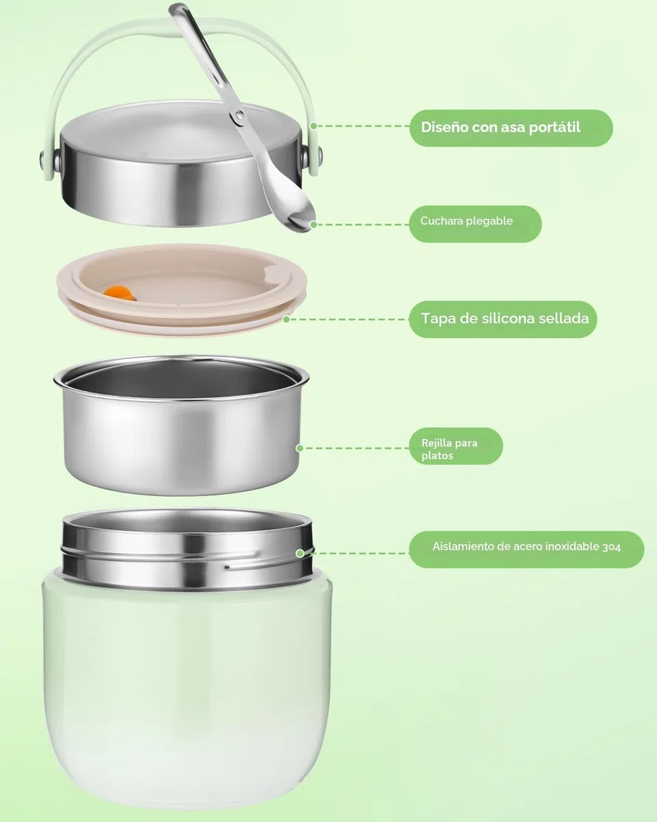 Recipiente térmico para alimentos, 1200 ml, cuenco térmico con tapa, recipiente para calentar de acero inoxidable con cuchara plegable, fiambrera térmica para niños y adultos para guardar sopas
