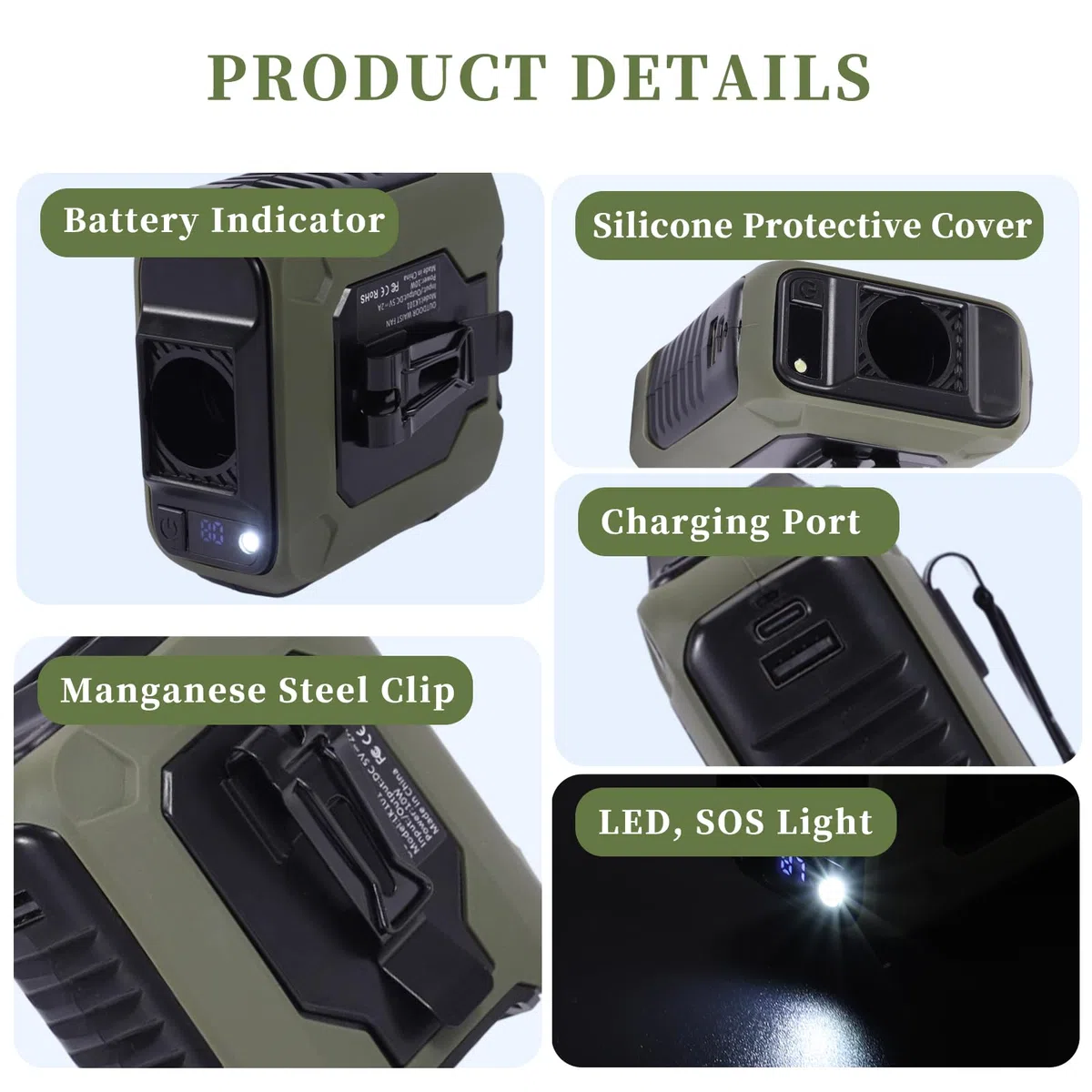 Ventilador Portatil Cintura, 10000mAh Recargable Ventilador de Pilas con 5 Velocidades y 16000RPM, Mini Ventiladores con LED Para Trabajos al Aire Libre, Obras, Viajes y Acampadas