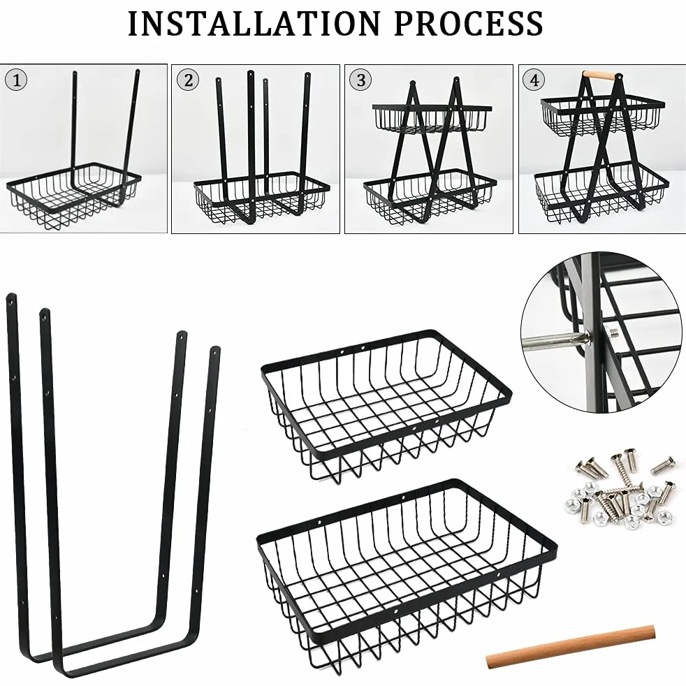 Cesta de Frutas de 2 Niveles, Fruteros de Cocina 2 Pisos, Cesta de Cocina para Frutas y Verduras, Negro Frutero 2 Pisos para Cocinar, Verduras, Aperitivos y Pan
