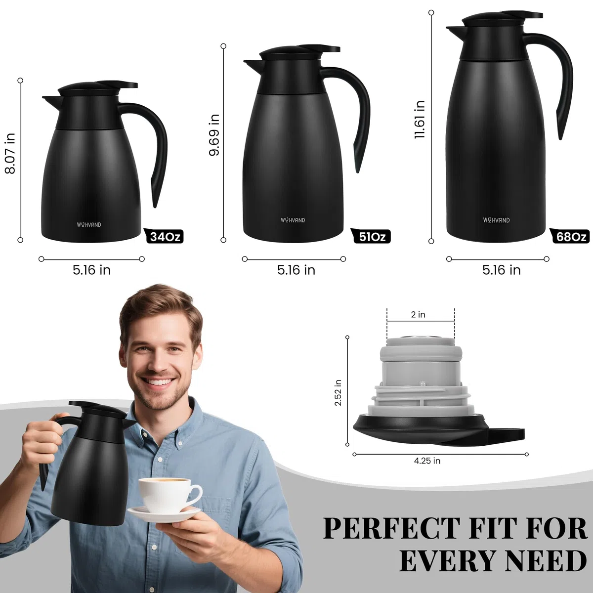 Jarra Térmica 1 Litro para Café, de Acero Inoxidable con Aislamiento al Vacío de Doble Pared, Jarra para Té, Agua y Bebidas Calientes o Frías, Negro