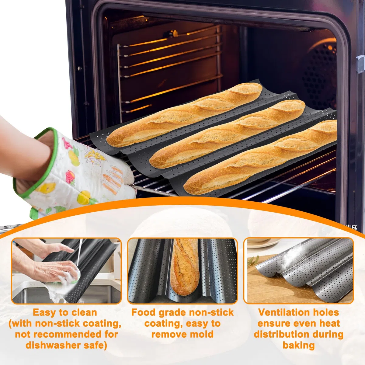 Moldes Baguette con Recubrimiento Antiadherente, Molde Barras Francesas Acero Carbono, Bandeja Pan Francés Perforado 38 x 24,5 cm, Accesorios Hornear Baguettes para Panaderías Doméstico (Negro)