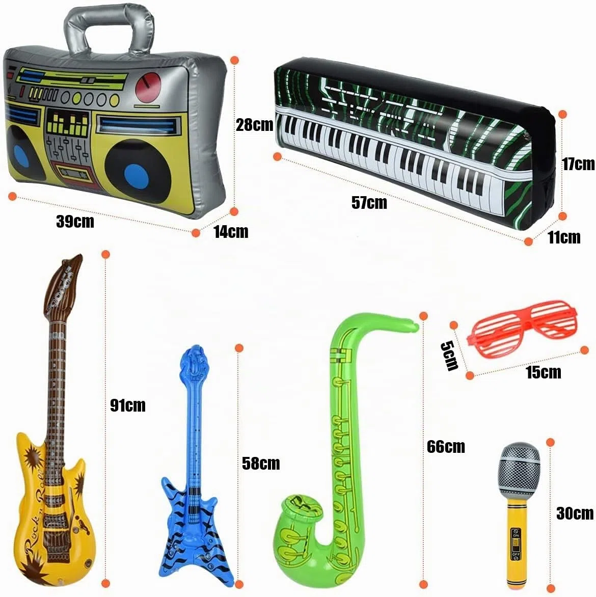 LATERN 22 Piezas Instrumentos Musicales Inflables, Juguete Inflable De Estrella De Rock Guitarras Saxofones Micrófonos Radio Teclado Bajos Y Gafas Para Favores Photo Booth Props - Con Bomba De Aire