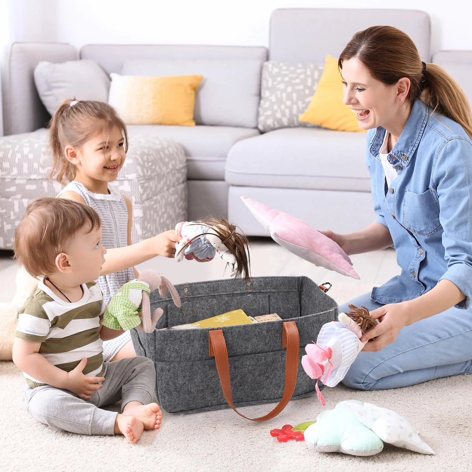 2 Piezes Bolsa de Fieltro, 16L Bolsa Compra Cesta de la Compra de Fieltro Plegable y Versátil con Compartimento y Bolsillo para Compras, Picnic, Leña, Juguetes - Gris Oscuro/ 38x23x18 cm