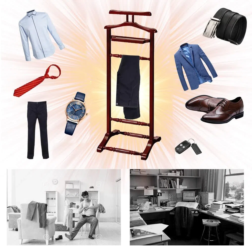 RajoNN Perchero de Madera para Ropa con Bandeja, Perchero de pie para Ropa, Perchero para Trajes con Percha y Barra para Pantalones