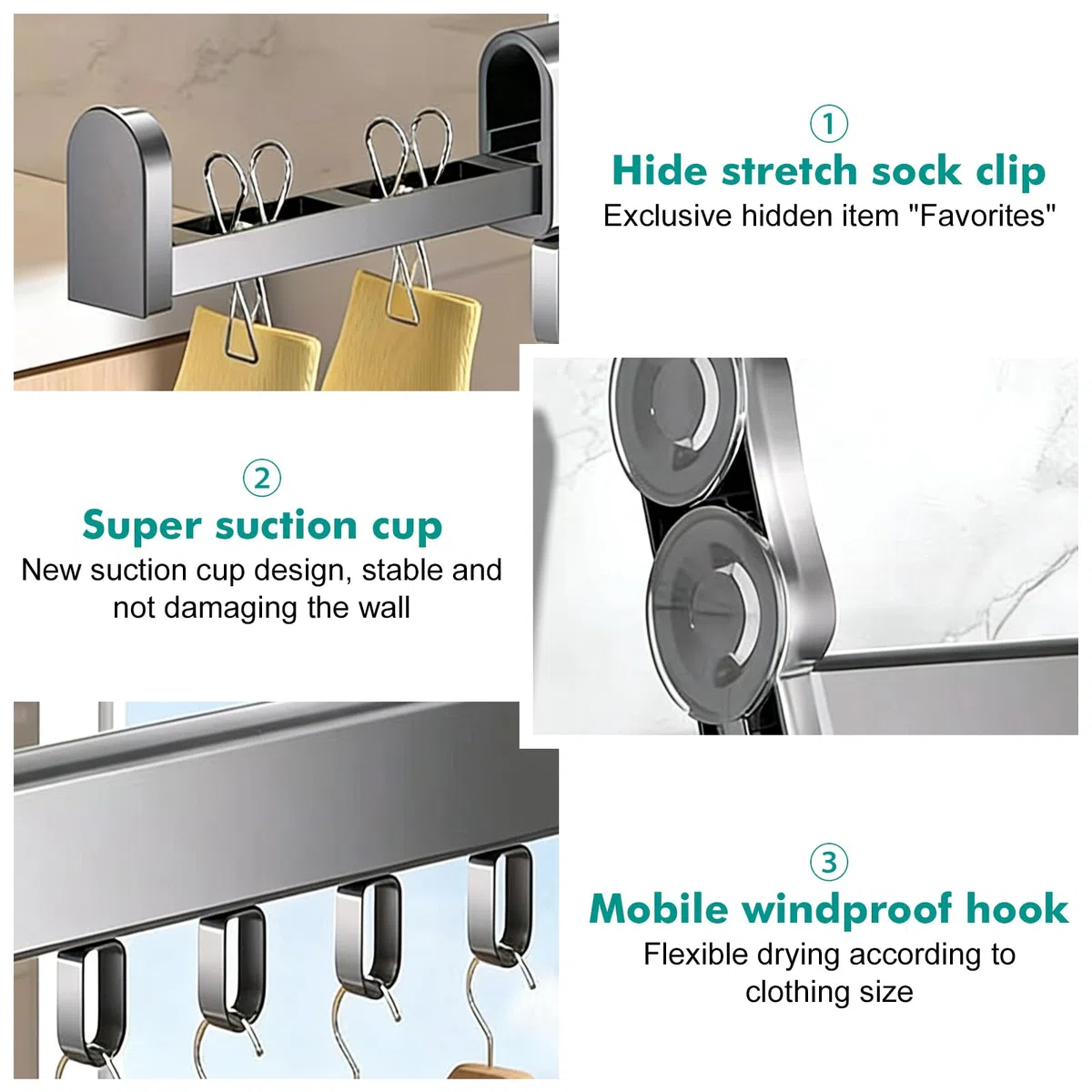PORFOYO Tendedero Pared Plegable Extensible con Ventosa: Hanger De Lavandería Retráctil, Ahorra Espacio, Taza De Succión, Perchero para Secar Ropa para Calcetines, Ropa Interior Y Toallas