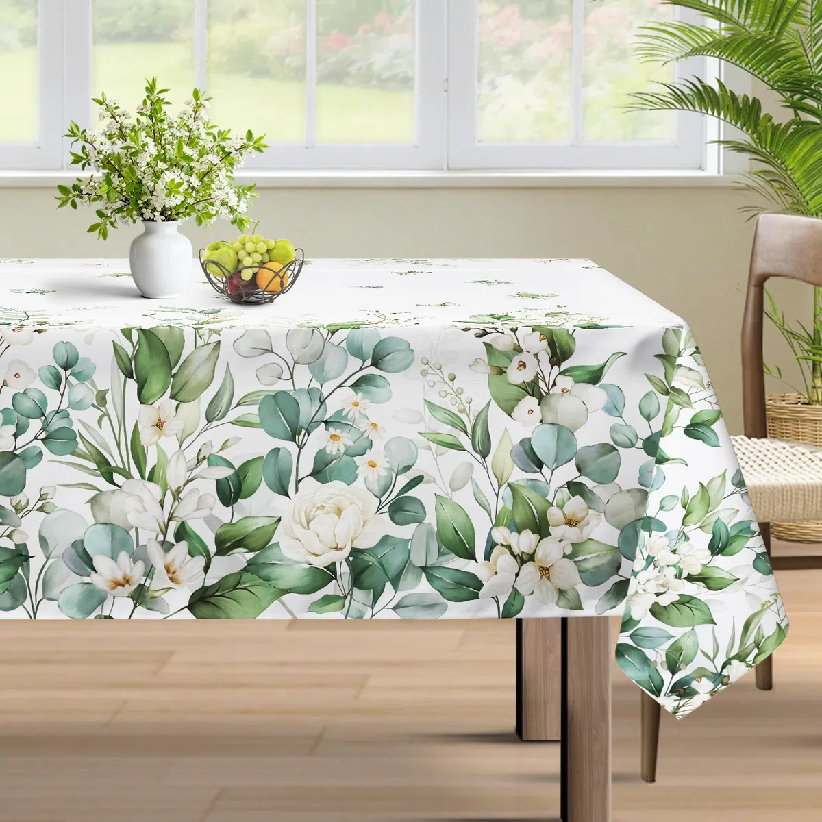 Primavera Mantel Rectangular Antimanchas Eucalipto Hojas Florales Manteles Lavable Poliéster Impermeable Cubre Mesas Hule para Comedor Cocina Cumpleaños Festivosr, 152x264 cm Salvia Verde
