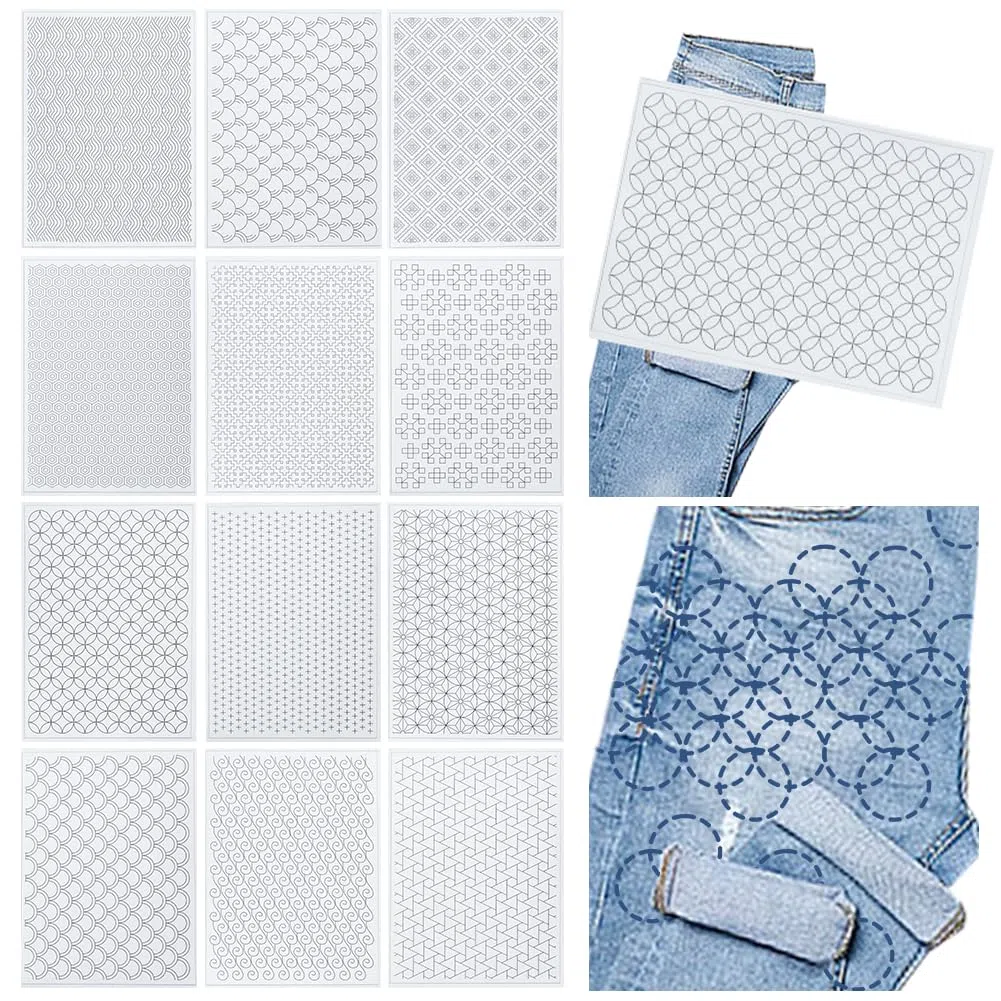 FREEBLOSS Sashiko - Estabilizadores de Bordado Solubles en Agua, 12 Unidades, Plantilla para Coser Adhesivo y Lavar, Patrones de Transferencia, Tamaño A4