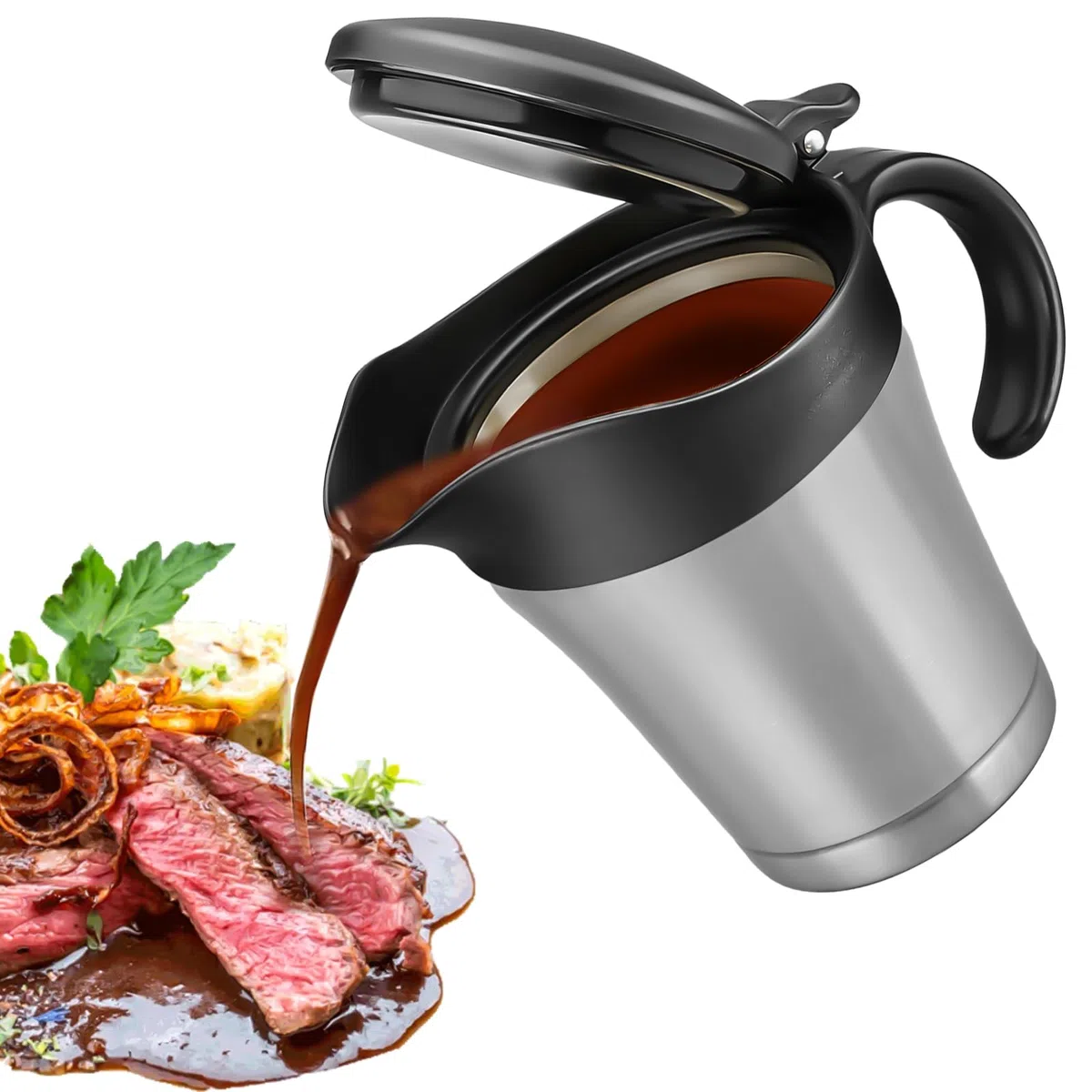 Jarra de salsa de acero inoxidable 304, 450 ml: jarra para salsas con tapa negra, doble pared para salsa de carne, elegante jarra térmica plateada para salsas de fiesta (negro/plata)