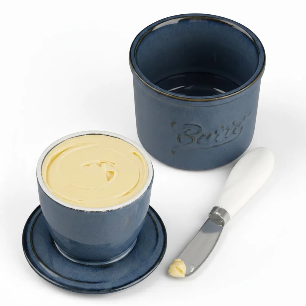 Mantequera francesa de cerámica de 280 g con tapa de cerámica, sistema de refrigeración por agua, línea de agua y cuchillo para mantequilla. Ideal para conservar la mantequilla fresca