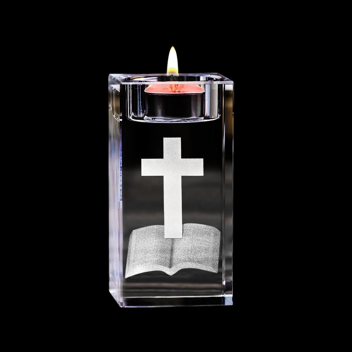 Portavelas Cristal con Cruz 3D y Grabado Biblia Transparente Portavelas Católico para Bodas Iglesias Oraciones Decoración de Mesa Meditación 5 x 5 x 8 cm