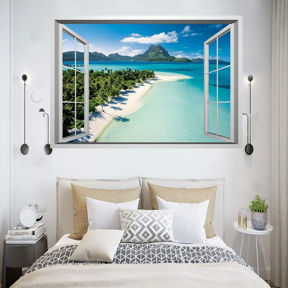 Lichi Pegatina de Pared 3D de Ventana Falsa de Escena de Playa en Isla, Vinilo Decorativo para Decoración del Hogar