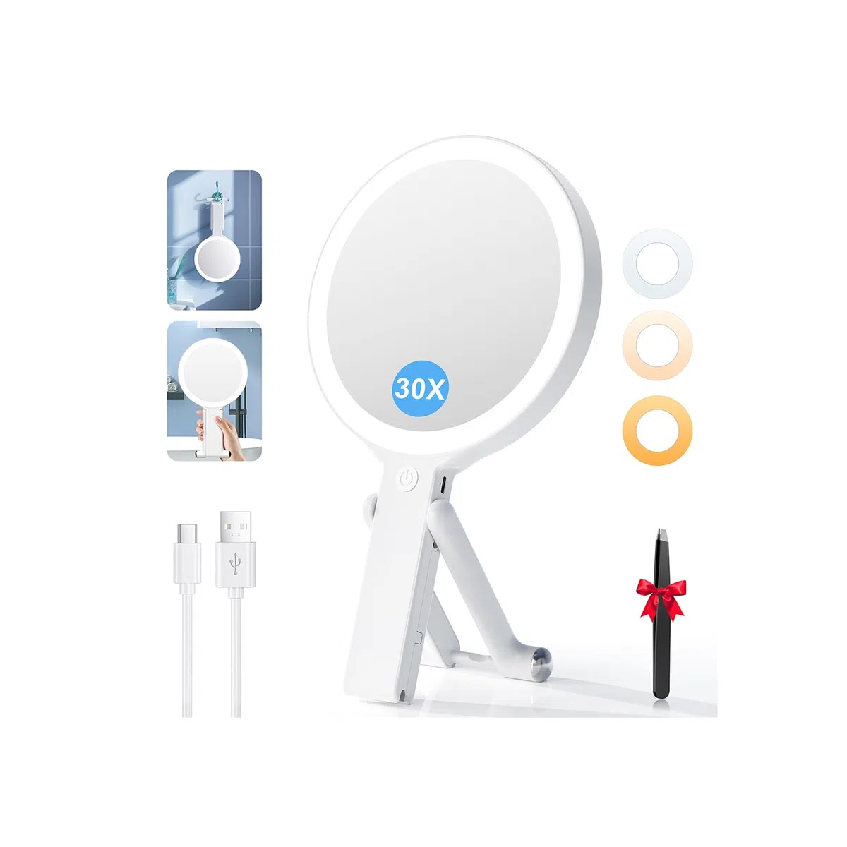 Auxmir Espejo Maquillaje con Luz, 30X/1X Aumento Doble Cara 2000mAh Recargable USB Type-C 56 Leds 3 Colores de Luz Brillo Regulable, Colgar Pared Mesa Portátil, Blanco