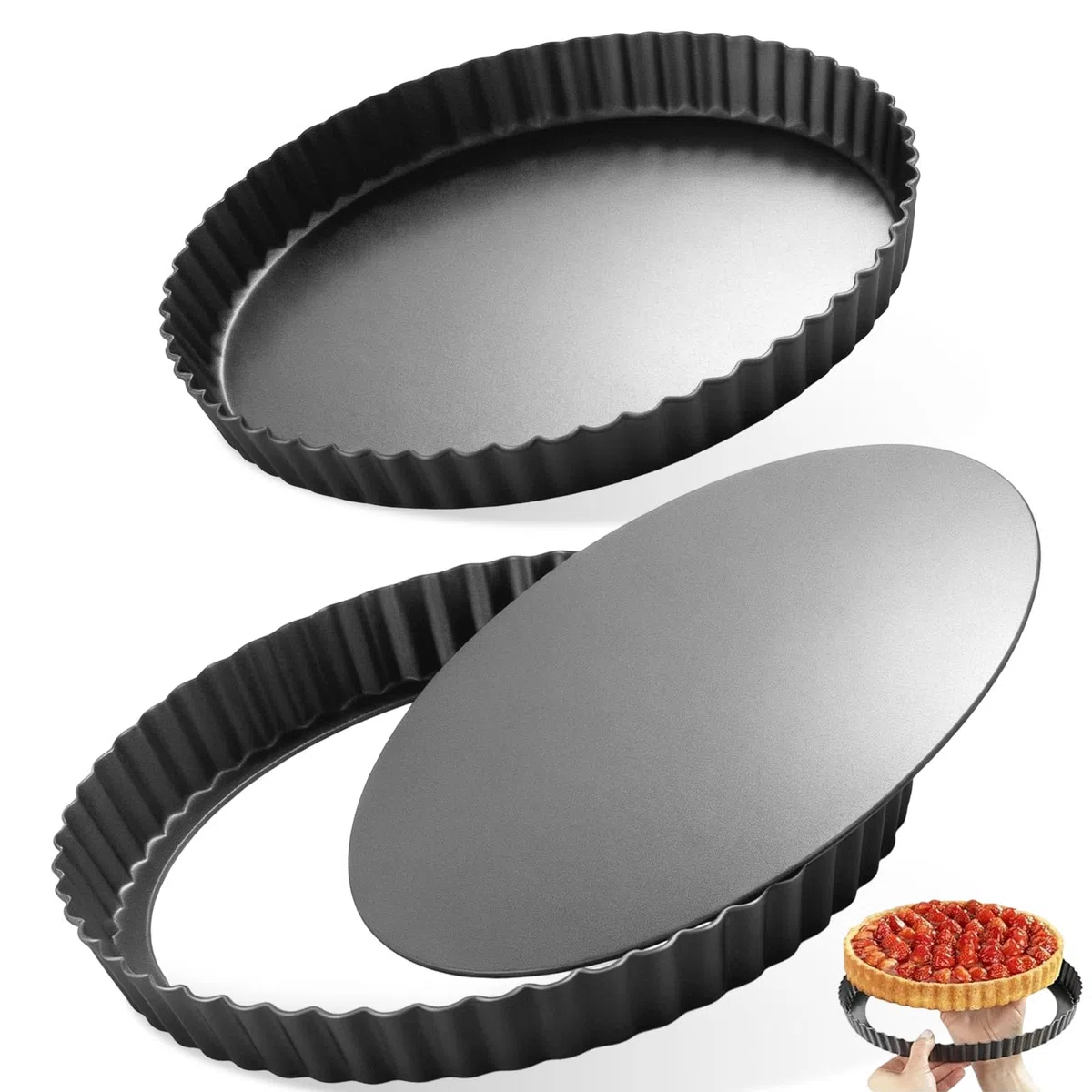 2Pcs Molde Tarta Desmontable, Moldes Quiche Tarte Antiadherentes Elevadora 28cm & 22cm con Base Suelta, Sartén Plato Tartaletas Bordes Ondulados Redondo para Hornear Quiches, Pasteles, Flanes, Queso