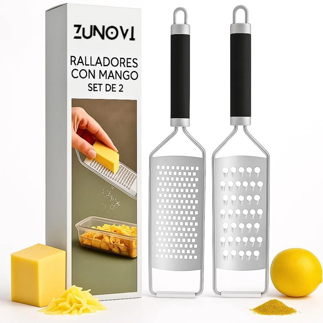 Rallador Set de 2, Rallador de Queso y Zester Fino, Ralladores para Cocina, Acero Inoxidable y Antideslizantes con Tapa Protectora, Mango Ergonómico, Apto Lavavajillas