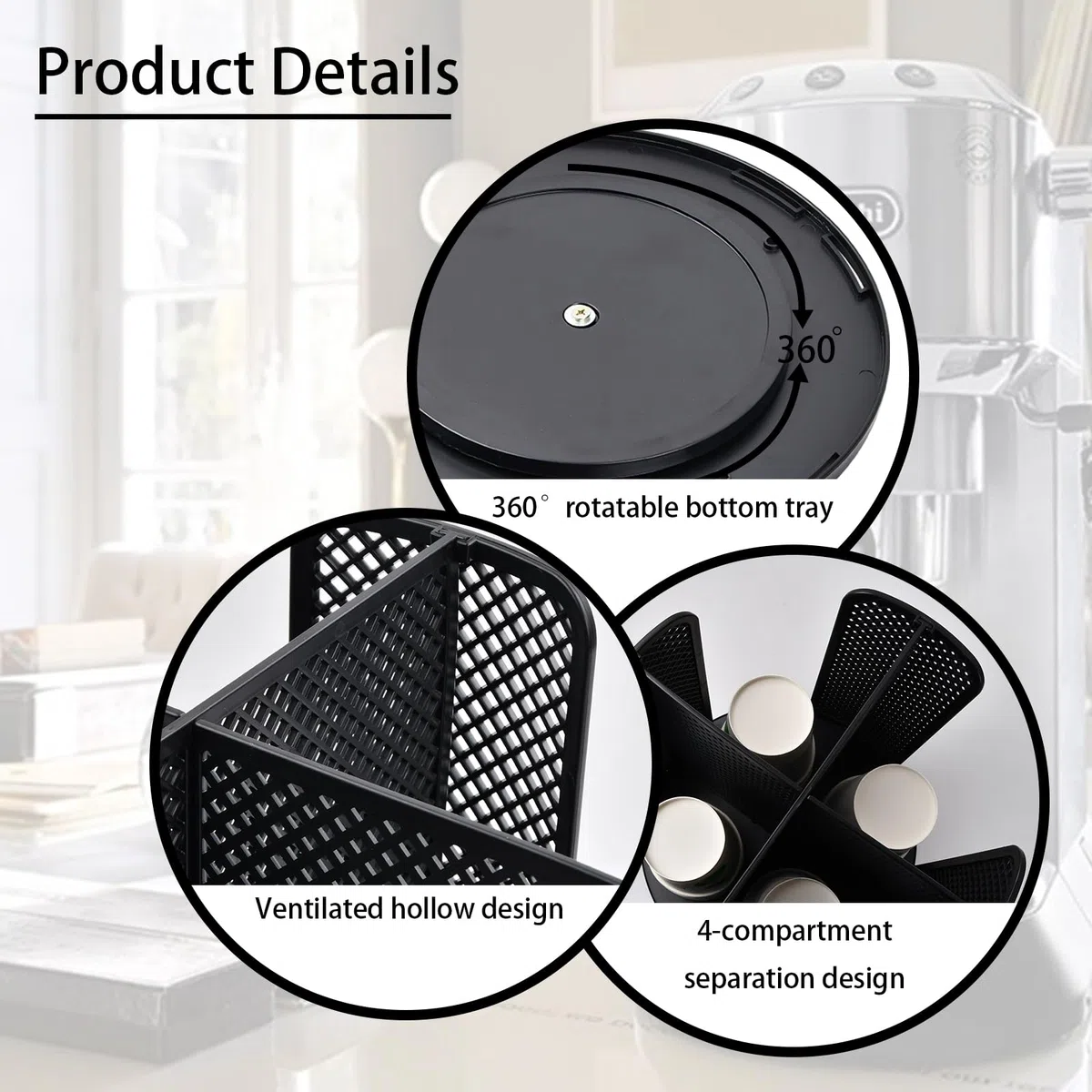 Organizador de tazas y tapas giratorias con 4 compartimentos, soporte de almacenamiento para encimera, dispensador de tazas de café, dispensador de tazas de café para encimera, baño, cocina