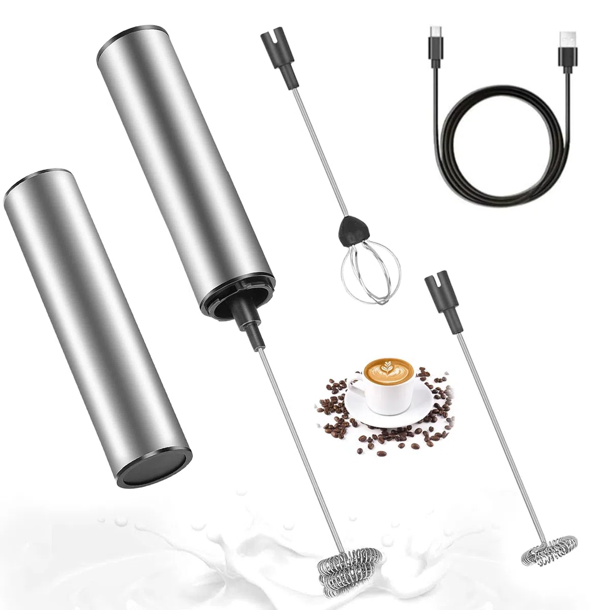 Espumador de leche eléctrico portátil，USB recargable, 2 velocidades, batidora de acero inoxidable 304, ideal para café, matcha, batidos, proteína, con varillas intercambiables y fácil limpieza