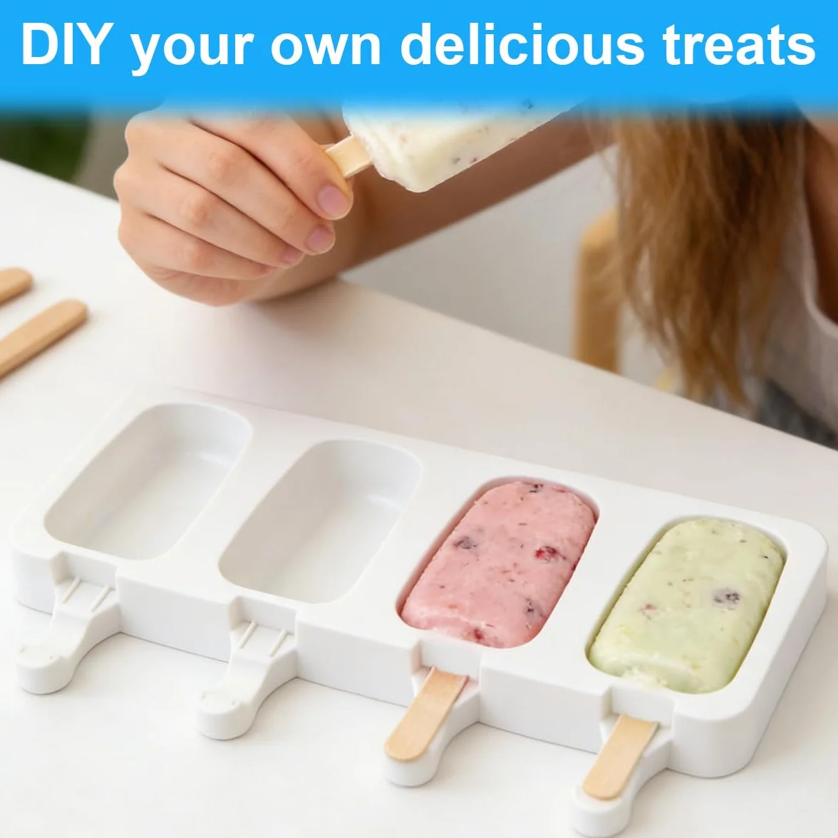 3 Juegos Moldes para palitos de helado, 4 cavidades de molde, Molde Helado Silicona sin BPA, Moldes Paletas, con 100 palitos, 100 bolsas OPP, 100 bridas para cables, 100 pegatinas
