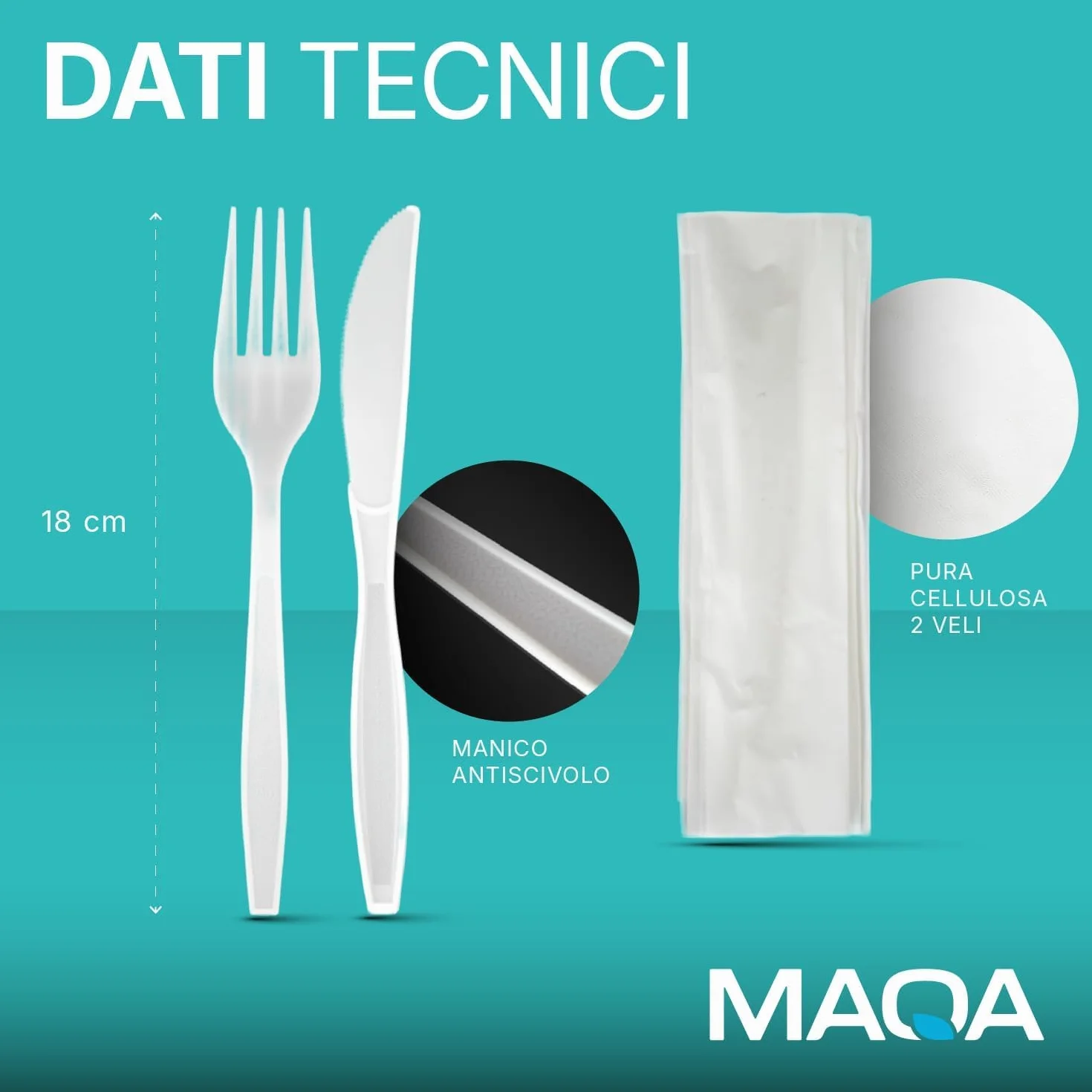 MAQA 100 piezas Cubiertos biodegradables y compostables, Tenedor y cuchillo envueltos individualmente con servilleta, Bis cubiertos
