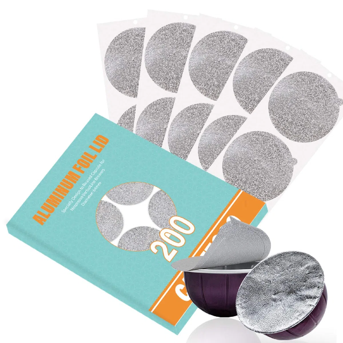 Tapas de papel de aluminio CAPMESSO para reutilizar las cápsulas de café Vertuoline, compatibles con la máquina Nespresso VertuoLine de 64 mm (100 / paquete) (200)