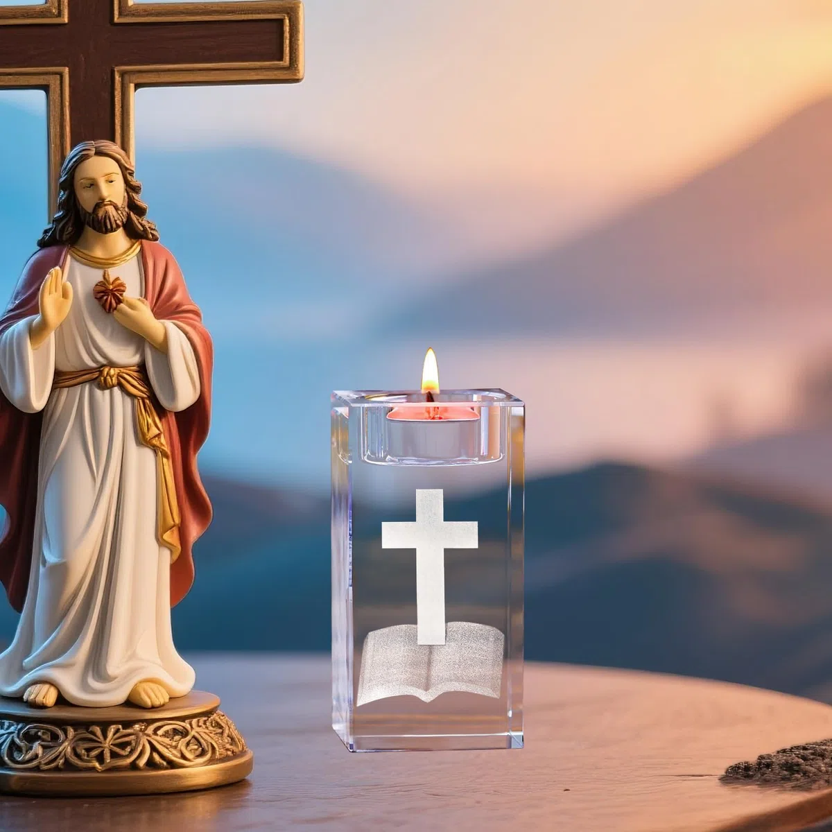 Portavelas Cristal con Cruz 3D y Grabado Biblia Transparente Portavelas Católico para Bodas Iglesias Oraciones Decoración de Mesa Meditación 5 x 5 x 8 cm