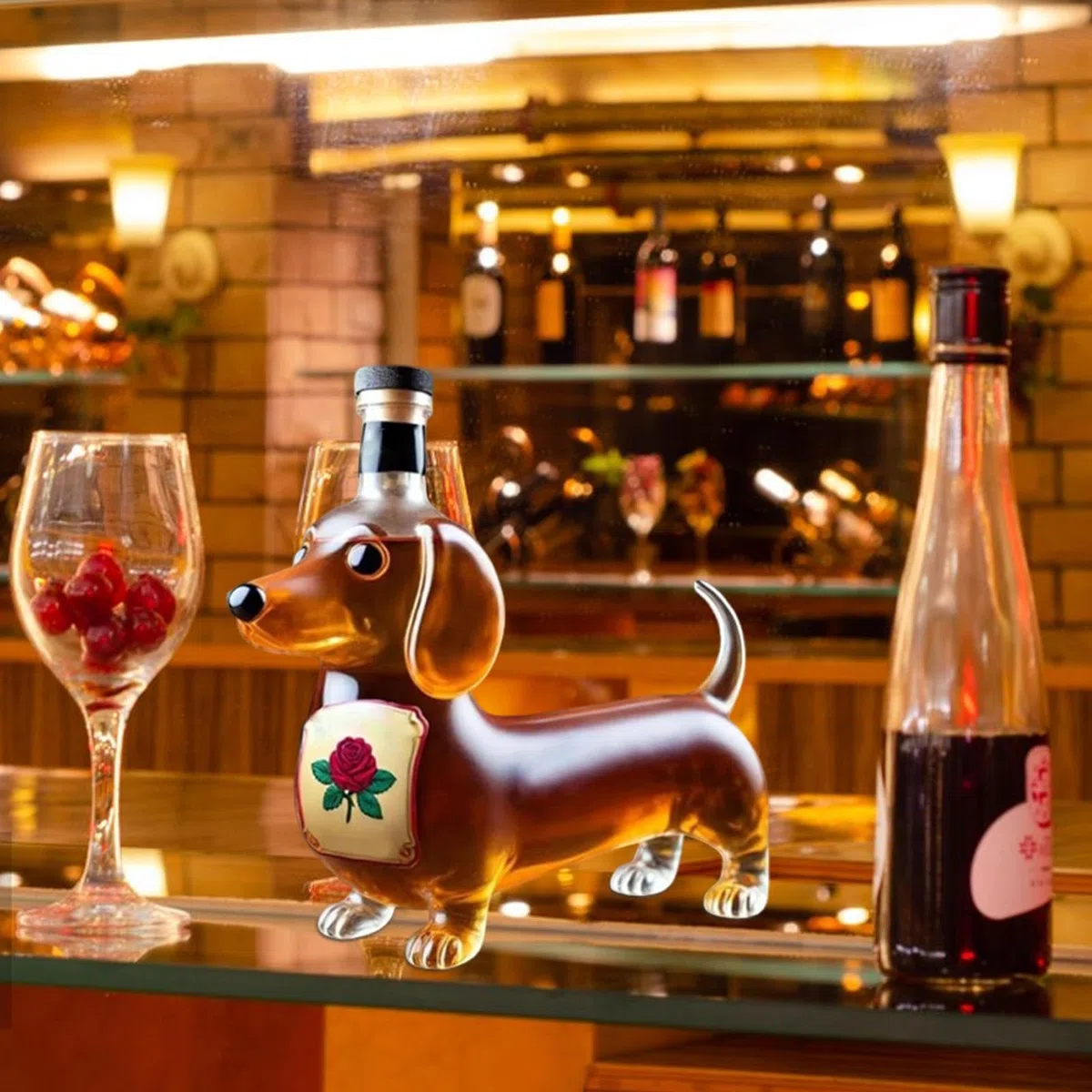 Genérico Botella de whisky con form de perro salchichas, vaso de whisky con form de perro salchichas, decantador de vino creativo con animales en 3D para decoración de bar en casa