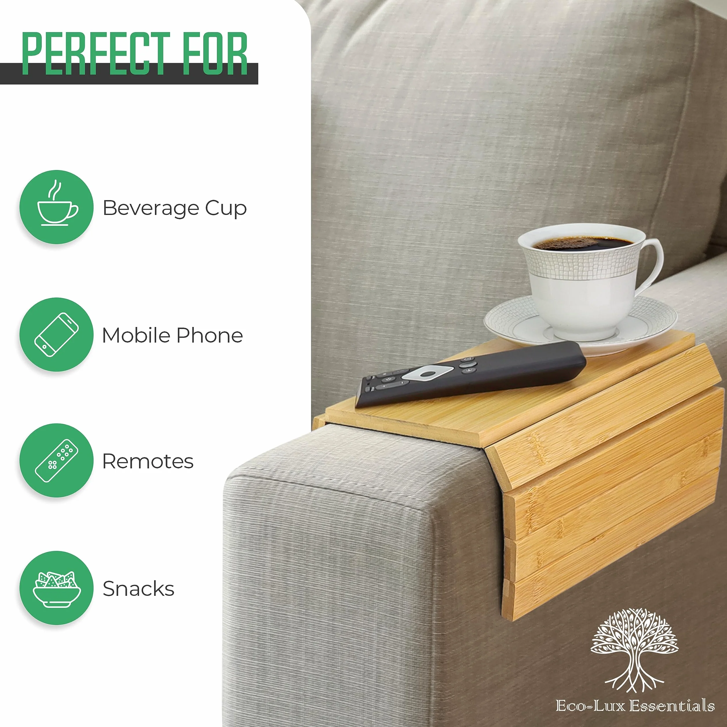 Bandeja de sofá plegable de bambú, organizador de reposabrazos de madera para bebidas, tazones, bocadillos, revistas, control remoto, protector de sofá, soporte para tableta portátil, 36 x 25 x 1 cm