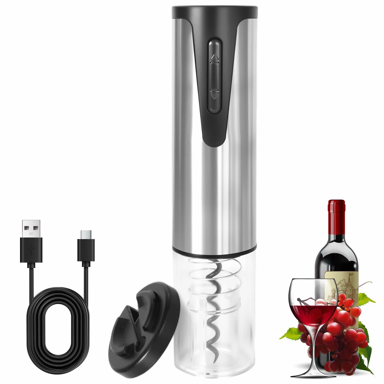 Abrebotellas de vino eléctrico, sacacorchos automático eléctrico recargable con cortador de papel de aluminio y cable de carga USB para Hogar,Bar y como Regalo,Plata