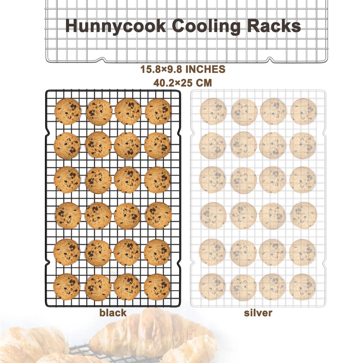 hunnycook Juego de 3 rejillas de enfriamiento rectangulares para tartas, de acero inoxidable, 15,8 x 9,8 pulgadas, color negro, reutilizables, para hornear, asar y secar, saludable y resistente, apto